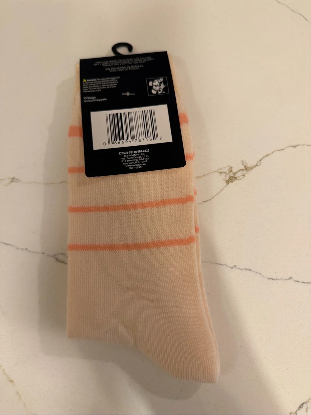 NWT Disney Minnie Mouse Crew Socks Cream Pink Striped Size 10-13 (Shoe 6.5-12)